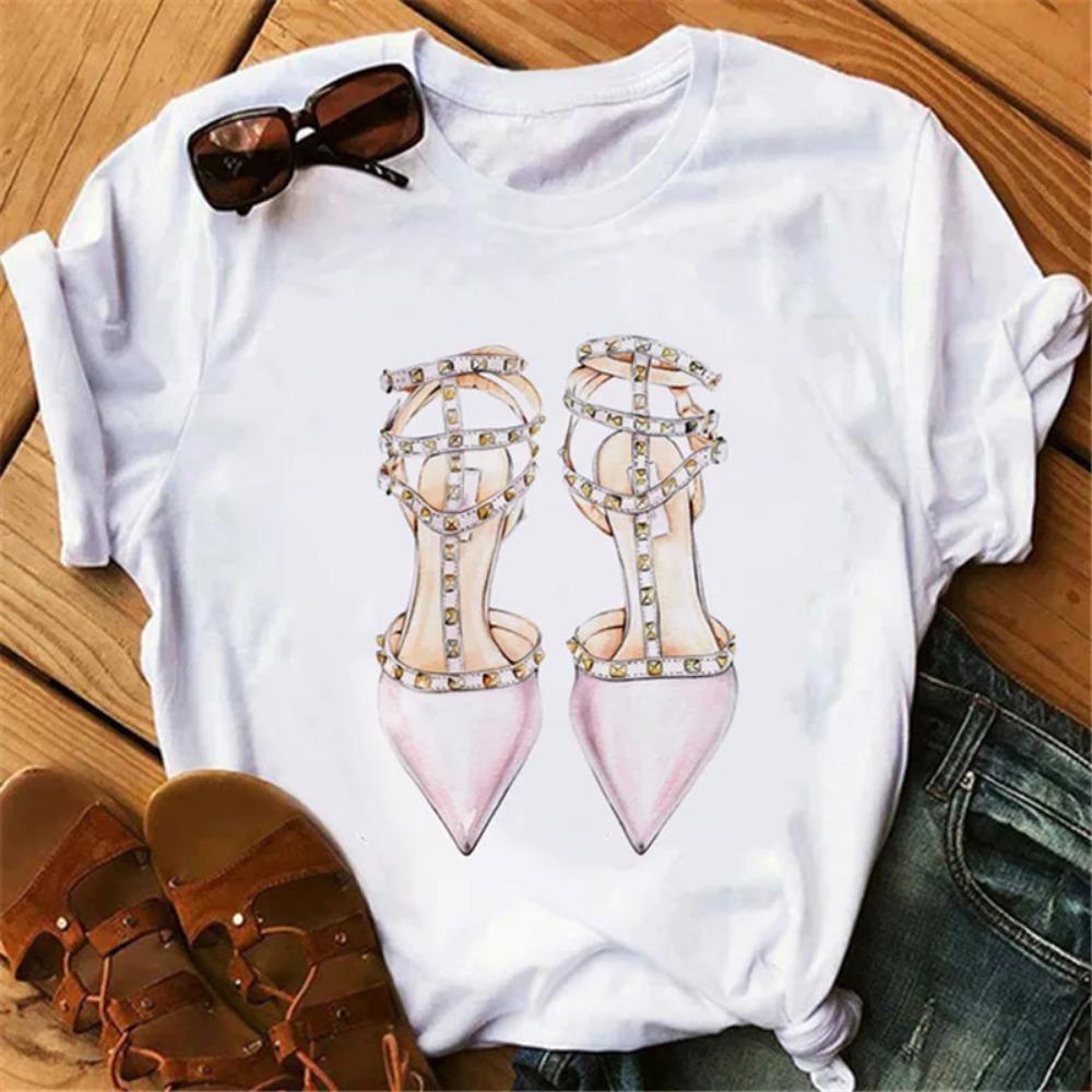 New Fashion High Heels Personalized Printed Women's Summer Short Sleeve T-shirt Casual Tops Oversized T Shirt Harajuku Tee