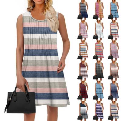Женское модное летнее полосатое платье с принтом, свободное пляжное повседневное платье без рукавов для отдыха