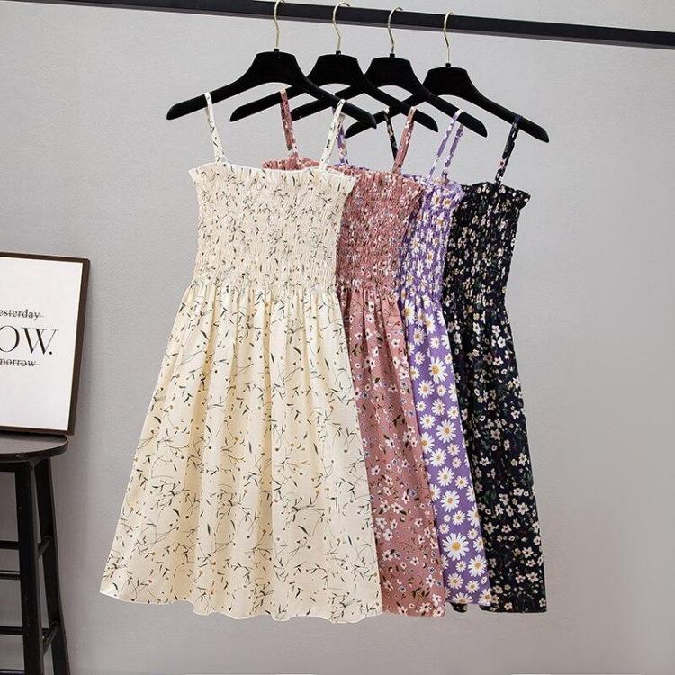 2023 Summer Floral Printed Chiffon Mini Dress Women Casual Fashion Spaghetti Strap Sleeveless Elastic High Waist Dress