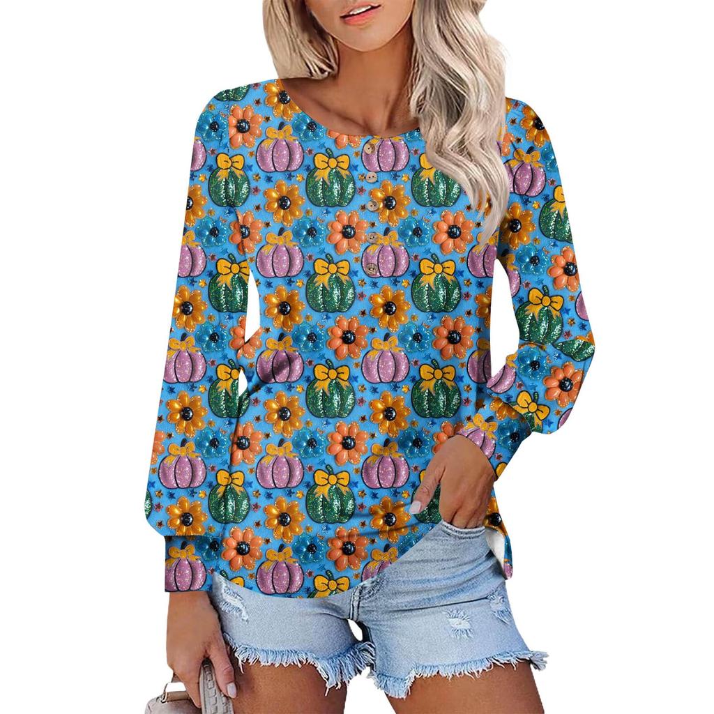 Women's Long Sleeve Round Neck T-Shirts Halloween  Print Puff Sleeve Shirts Button Blouses Tops