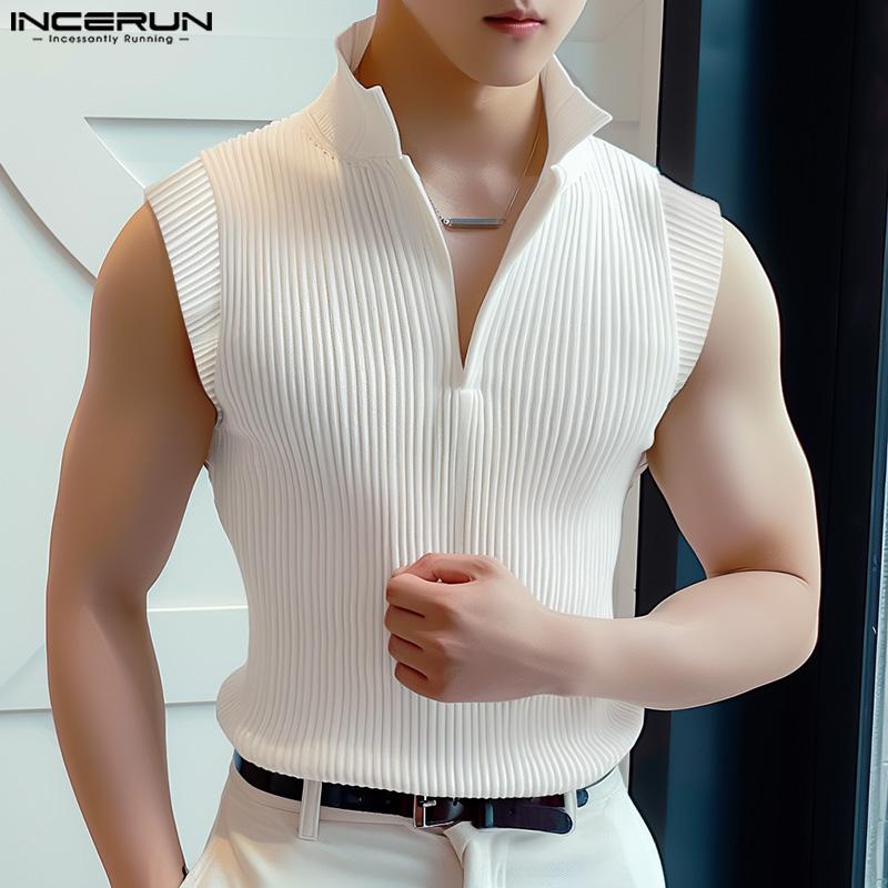 INCEURN Men Stand Collar Turtleneck Sleeveless Knitted Vest Slim Tank Tops