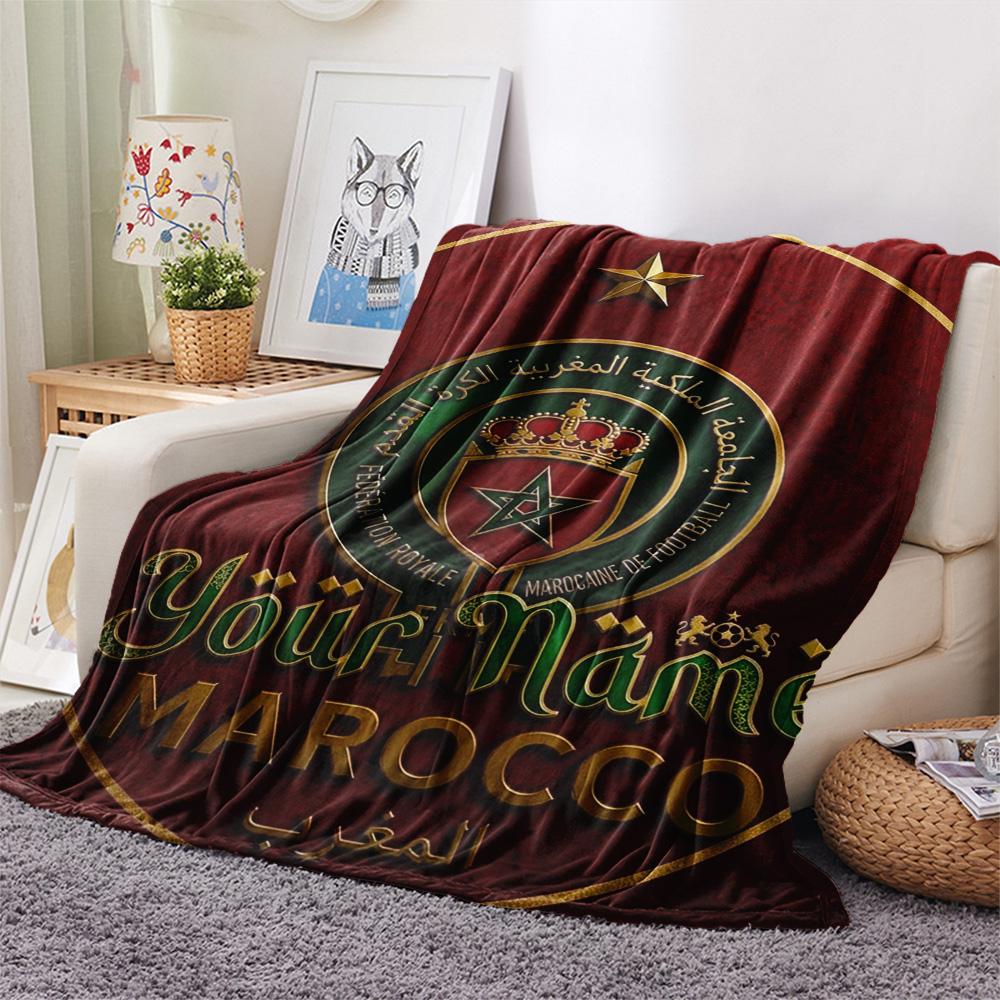 1PC Moroccan Football Crest Custom Name Patterned Flannel Blanket Suitable For All Seasons For Home Decor Warmth And Comfort Gifts Holiday Present