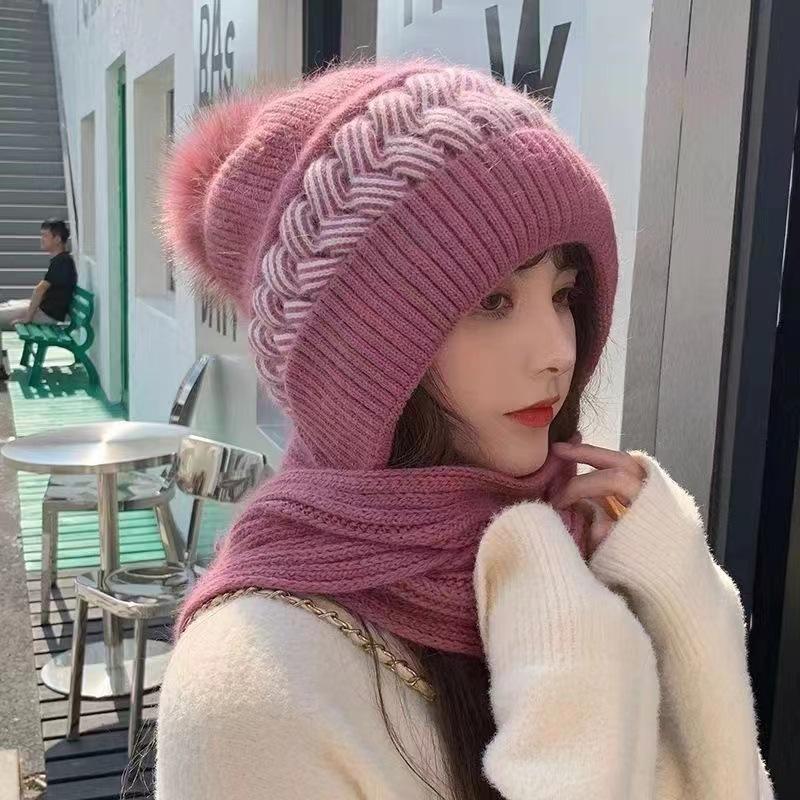 Winter Warm Hat Scarf Set Women Lady Plush Pompom Crochet Wool Knit Pullover Cap Outdoor Thick Windproof Warmer Hat Scarves