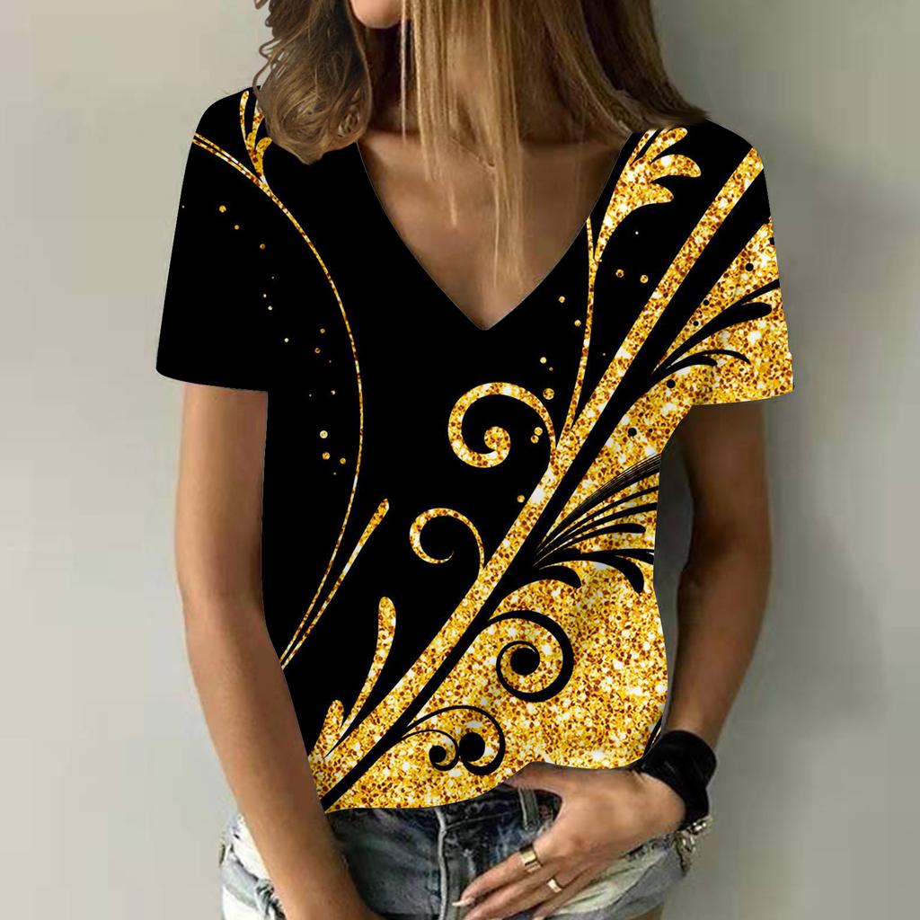 Футболки с абстрактным цветочным принтом 3D, женская мода, барокко, цветочные, свободного покроя, с V-образным вырезом, женская уличная одежда, женские футболки, топы