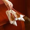 Cow Leather Pointed Toe Stiletto High Heels Autumn Summer Slip On Shoes Bowtie Decorations Women Shallow Sandals
