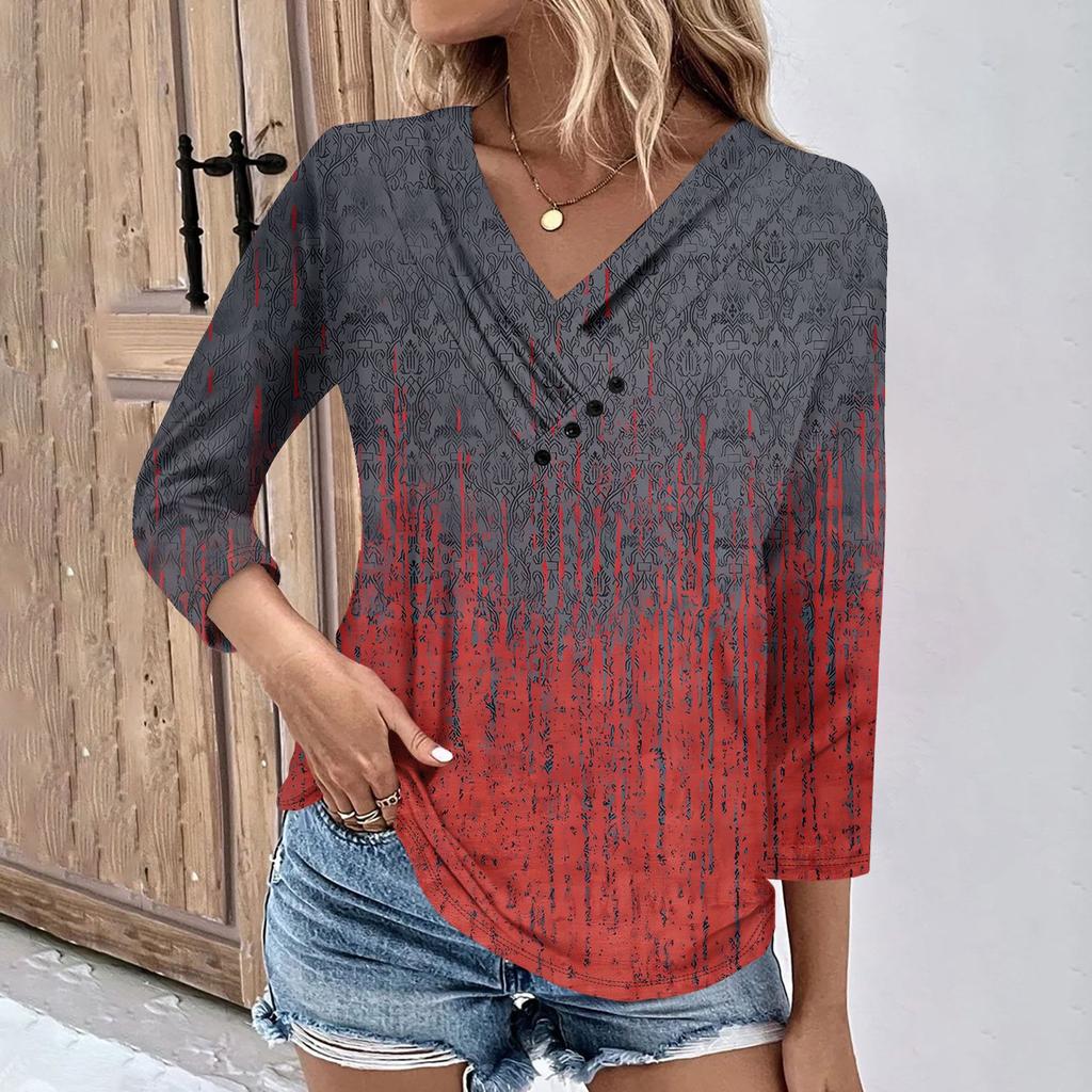 Женские повседневные футболки с рукавом 3/4 для выходных с V-образным вырезом и принтом, свободные плиссированные футболки, женская блузка