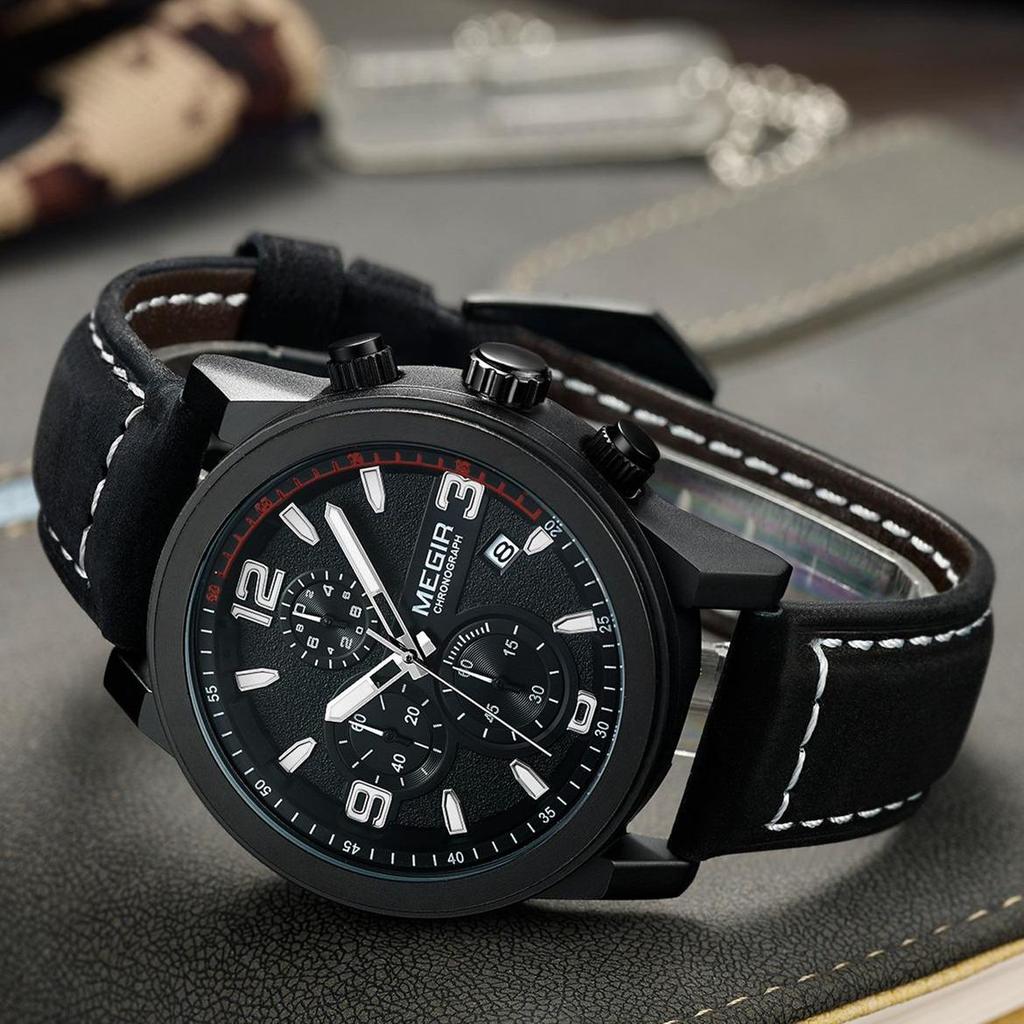 Мужские кварцевые часы MEGIR на кожаном ремешке