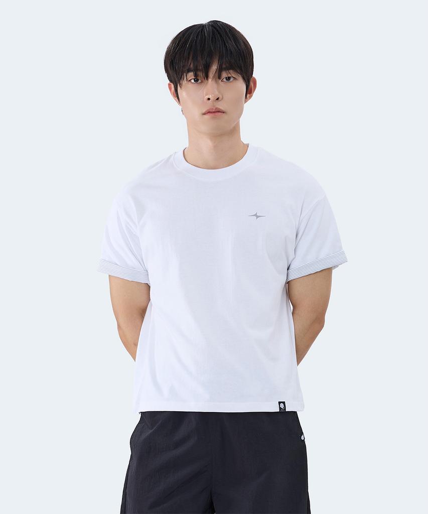 GHOST REPUBLIC Crop Stripe Color Block Roll-Up Short Sleeve T-Shirt Gt-392_White