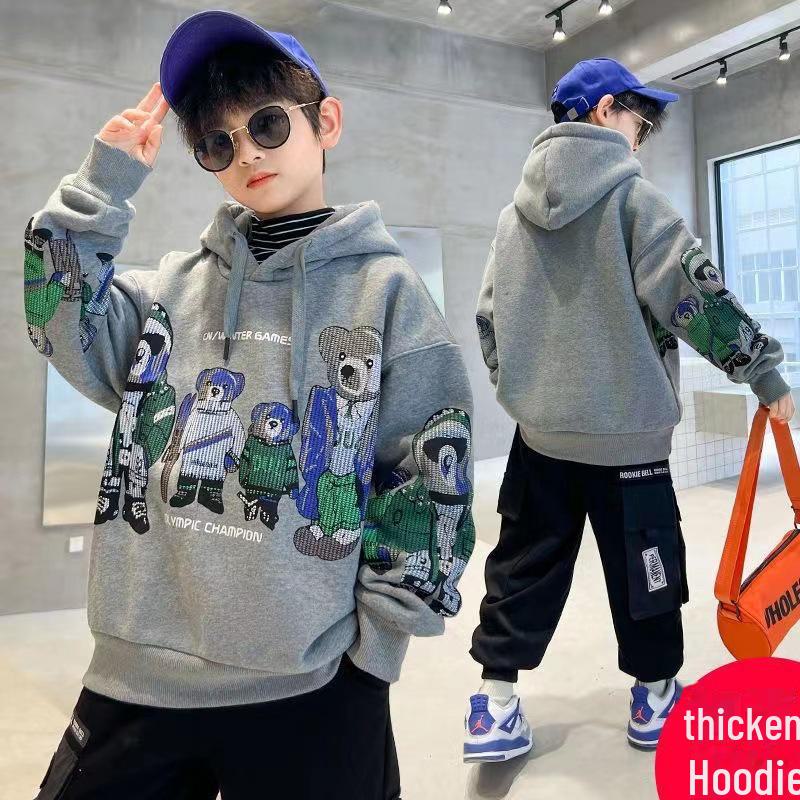 2024 Новая плюшевая толстовка с капюшоном для мальчиков: Плотная, стильная и теплая для детей среднего и крупного размера — идеально подходит для осенних и зимних видов спорта.