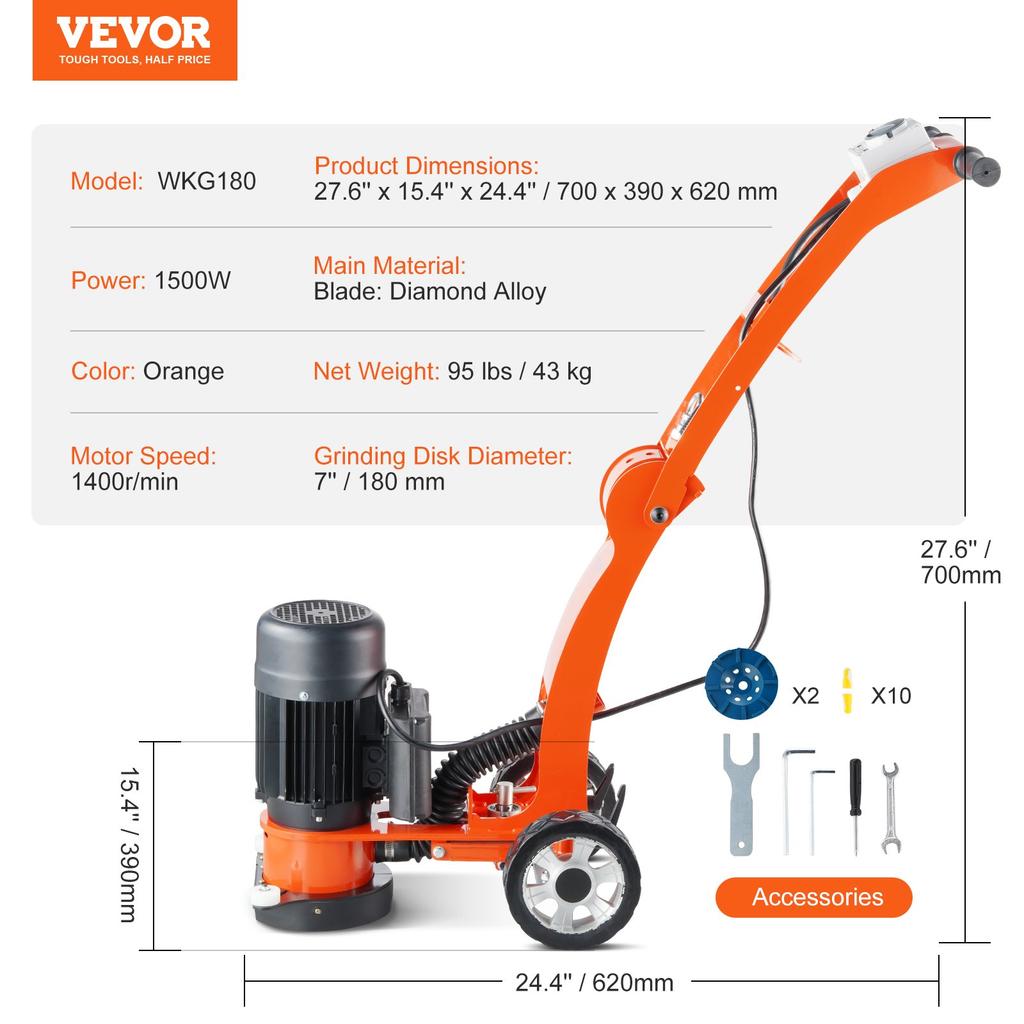 VEVOR Concrete Floor Grinder 7"/17.8 cm Walk-Behind Polisher 2.0HP Adjustable Machine