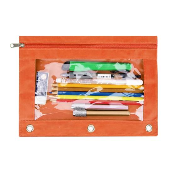 Пенал большой емкости с 3 кольцами, прозрачным окошком, застежкой-молнией и ручкой
