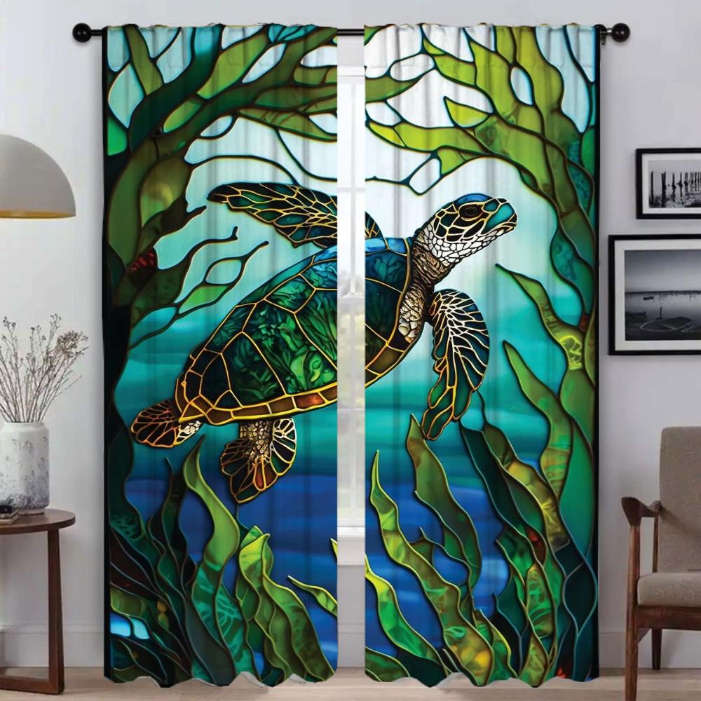 Modern Living Room Curtains for Camera Stained Glass Sealife Blackout Curtain Tulle for Bedroom Halloween Decoration Shades Home