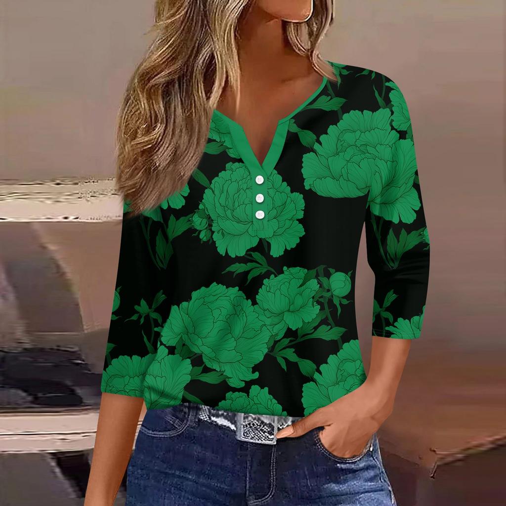 3/4 Length Sleeve Womens Tops Print Vintage Fashion Casual Loose With V Neck Plus Size Shirts Tops