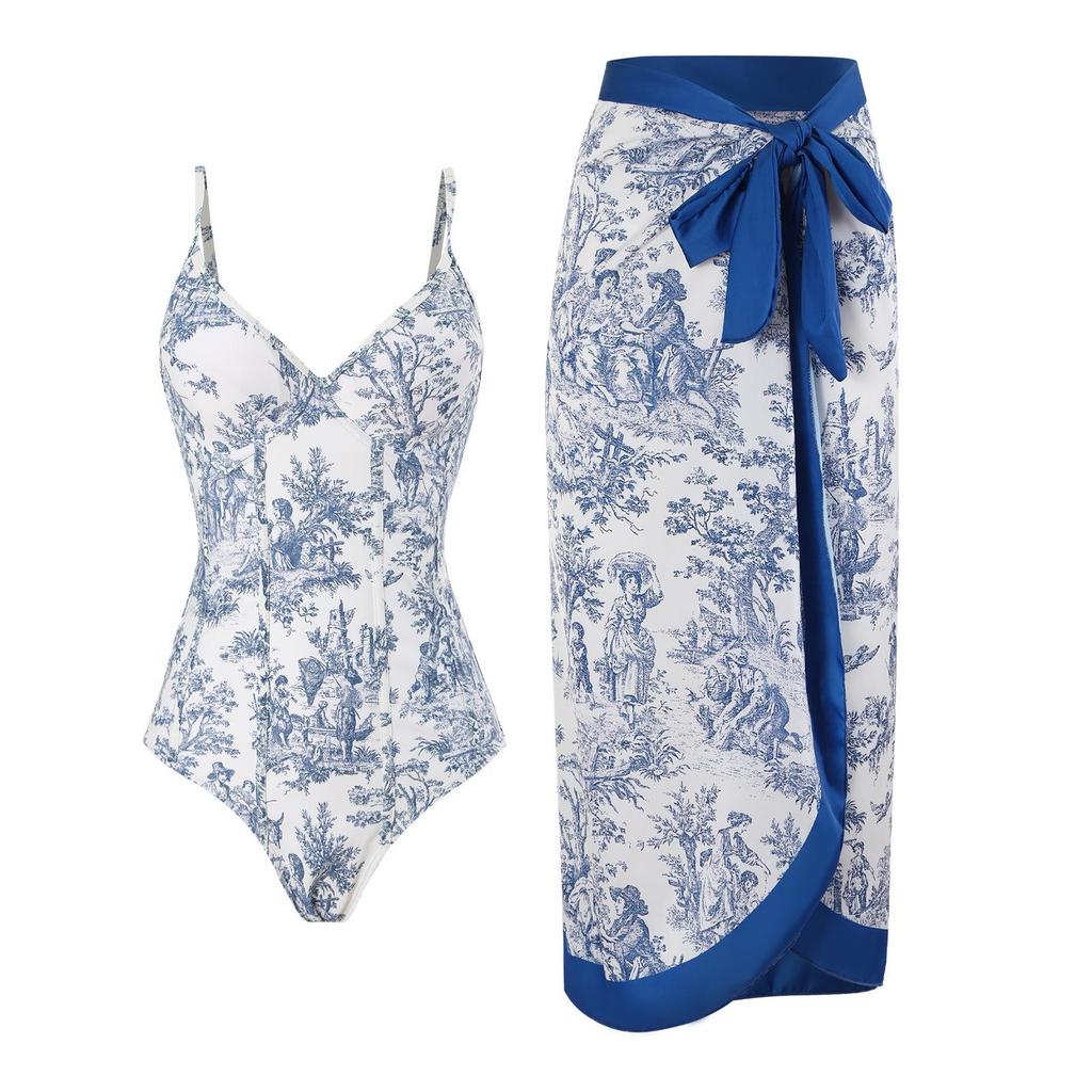 2024 Women's Retro Bandage One-Piece Swimsuit & Long Cover-Up Set – Slimming, Sun-Protective.