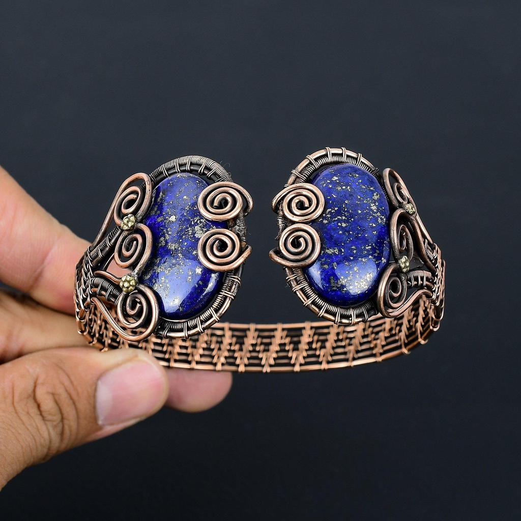 Lapis Lazuli Gemstone Pure Copper Wire Wrapped Handmade Cuff/ Bangle Adjustable Jewelry