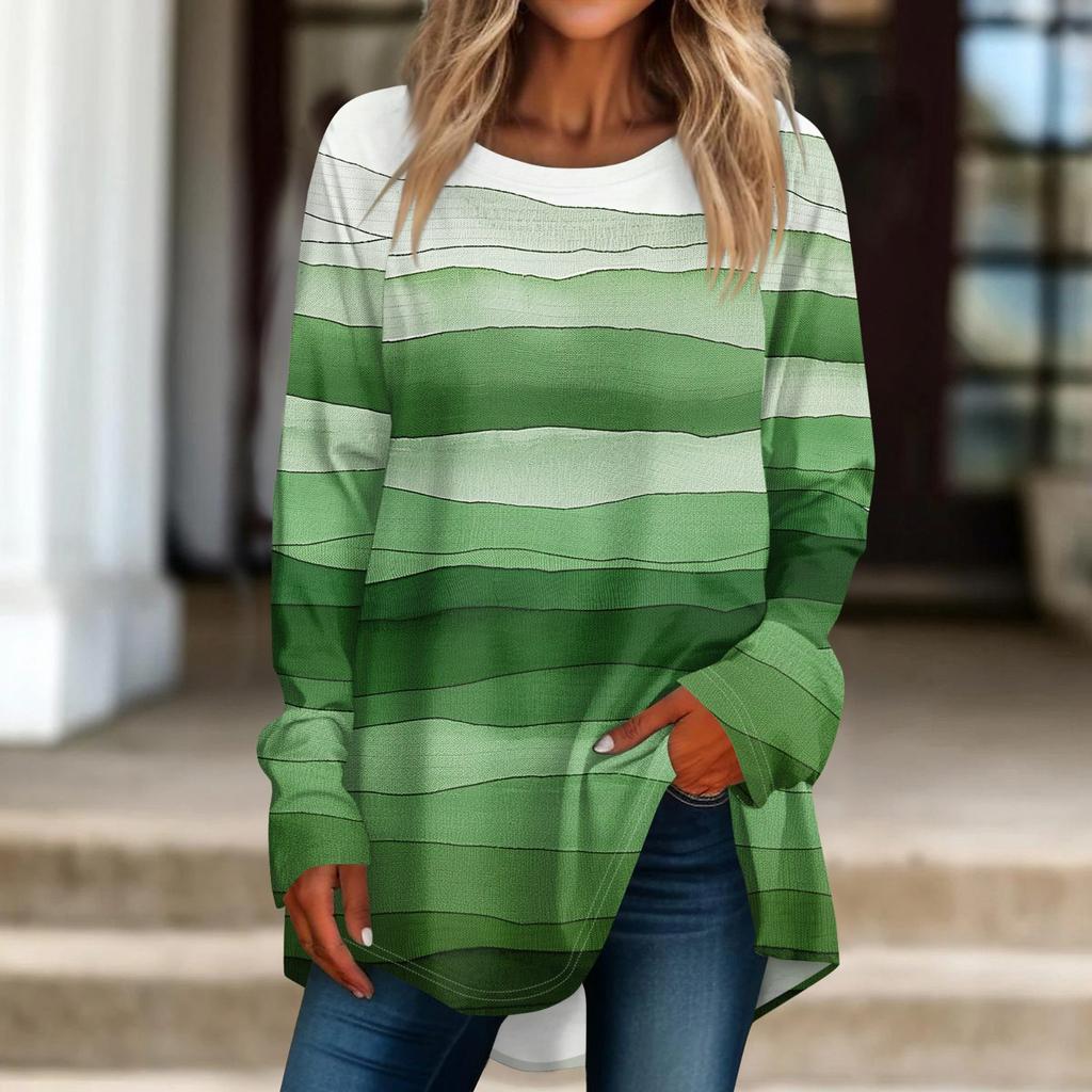 Women's Casual  Plus Size Long Sleeved Round Neck Printed T-shirt Top Pullover