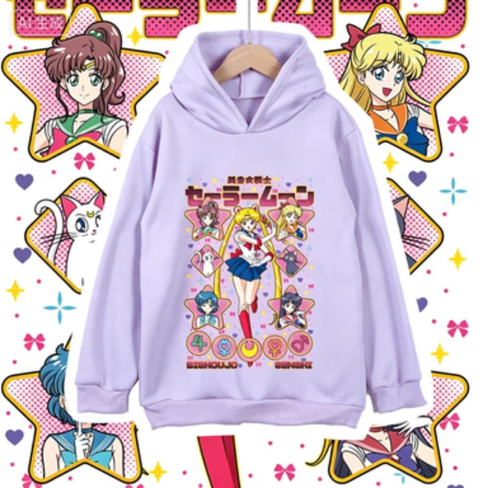 Kids Anime Cotton Tshirt Sailor Moon Characters Print Unisex Hoodie Sweatshirt for Boys Girls 100-160cm Height