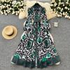 Spring Autumn Women Designer Vintage Print Runway Dress Stand Collar Single Breasted Oversized Holiday Beach Party Dresses