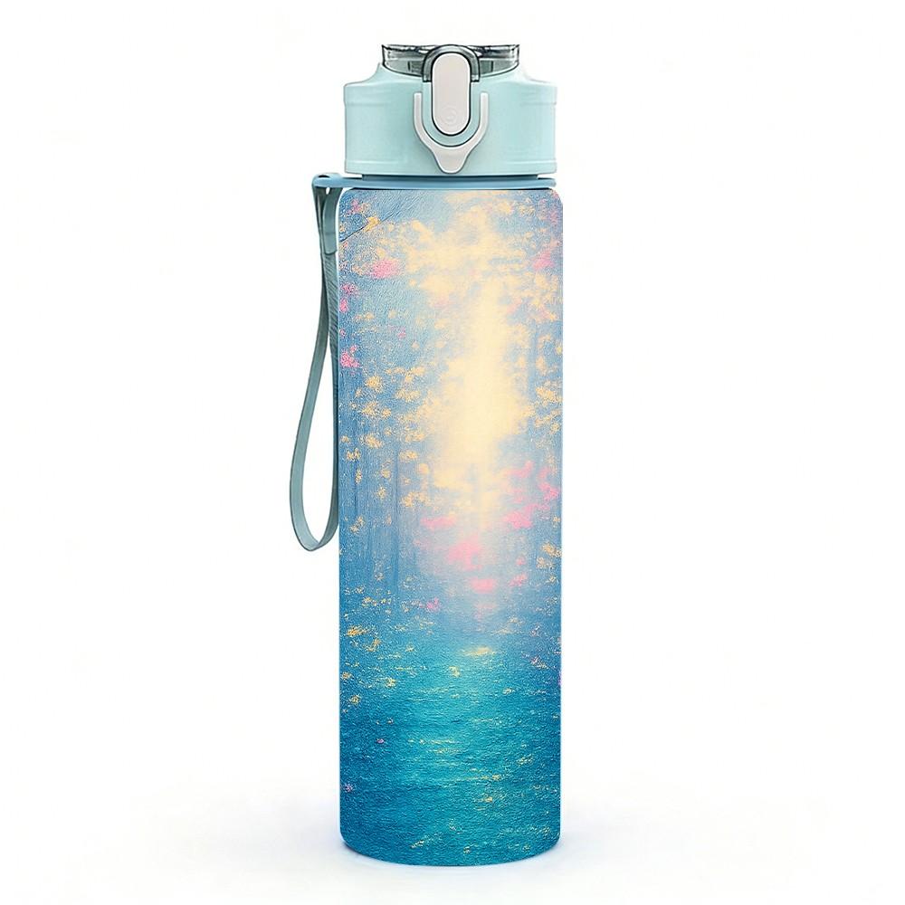 1PC Magical Misty Blue Forest Scenery Print 750ml Color Plastic Sports Water Bottle Leakproof Flip Straw Lid Suitable for Sports Office Home Use