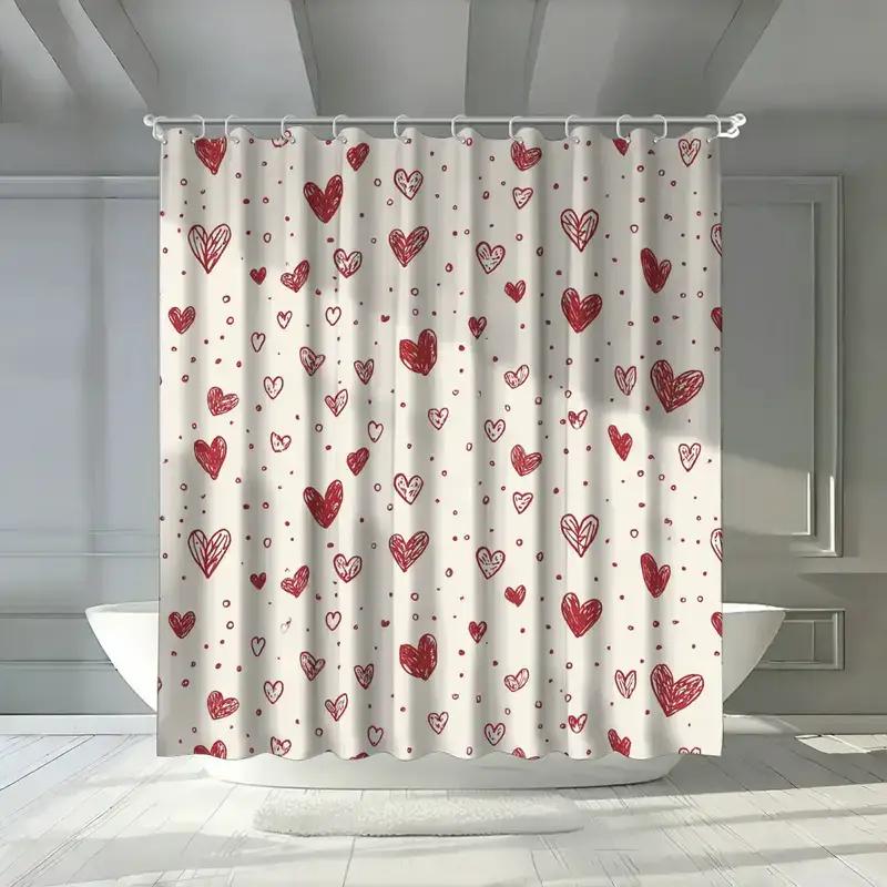 Red Heart Shower Curtain Cream Background Waterproof Anti Mold Bath Liner Romantic Valentine Decoration For Bathroom Home