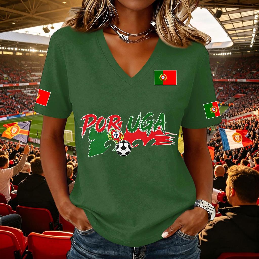 Women V Neck Pullover T Shirt Short Sleeve Casual Soccer Flag Print Top Supporter Jersey Tee for Game Day Wear