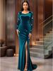 Elegant Fishtail Package Hip Dress Beading Long Sleeve Split Slim Fit Evening Gown Autumn Winter Party Maxi Dresses