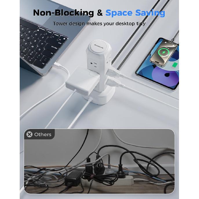 [2025 Upgraded] Power Strip Tower with Retractable Charging Cable, SUPERONE Surge Protector Tower with PD20W USB C and 12 AC Outlets, Flat Plug 6 FT