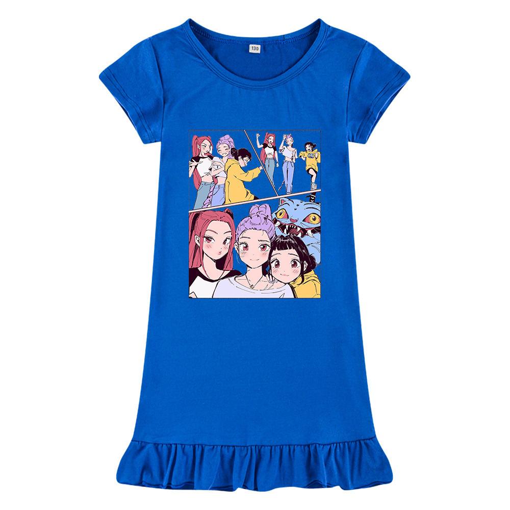 M1238 Kids Girls Kpop Rumi Zoey Mira Print Short Sleeves Ruffle Dress