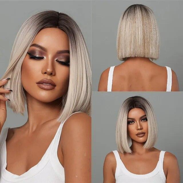 Purple Pink Ombre Black Short Straight Synthetic Wigs with Bangs Bob Wig for Women Daily Cosplay Party Heat Resistant Fake Hairs