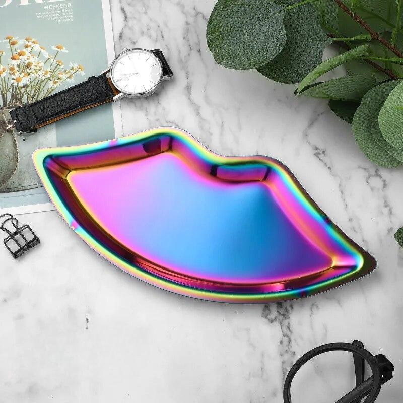 Korean Style Ins Style Stainless Steel Lip Shaped Jewelry Tray Home Cosmetics Metal Tray Female Jewelry Storage Tray Decorative