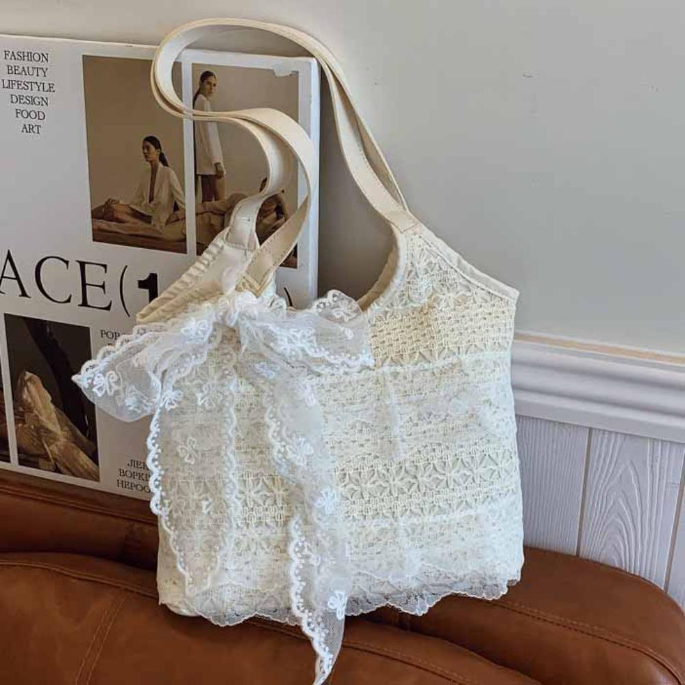 Korean Style Lace Shoulder Bag With Ribbon Large Capacity Bag Simple Canvas Handbag Travel