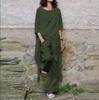 Женский двухпредметный костюм-oversize в повседневном стиле: топ с неровным подолом и коротким рукавом однотонный льняной и широкие брюки