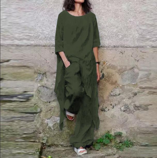 Женский двухпредметный костюм-oversize в повседневном стиле: топ с неровным подолом и коротким рукавом однотонный льняной и широкие брюки
