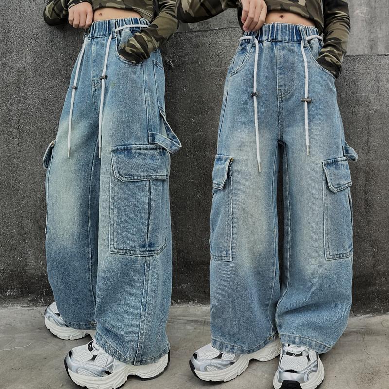 Весна Осень Джинсы Карго Для Девочек Свободные Повседневные Брюки Широкие Брюки Для Подростков Детские Уличные Дизайнерские Детские Брюки