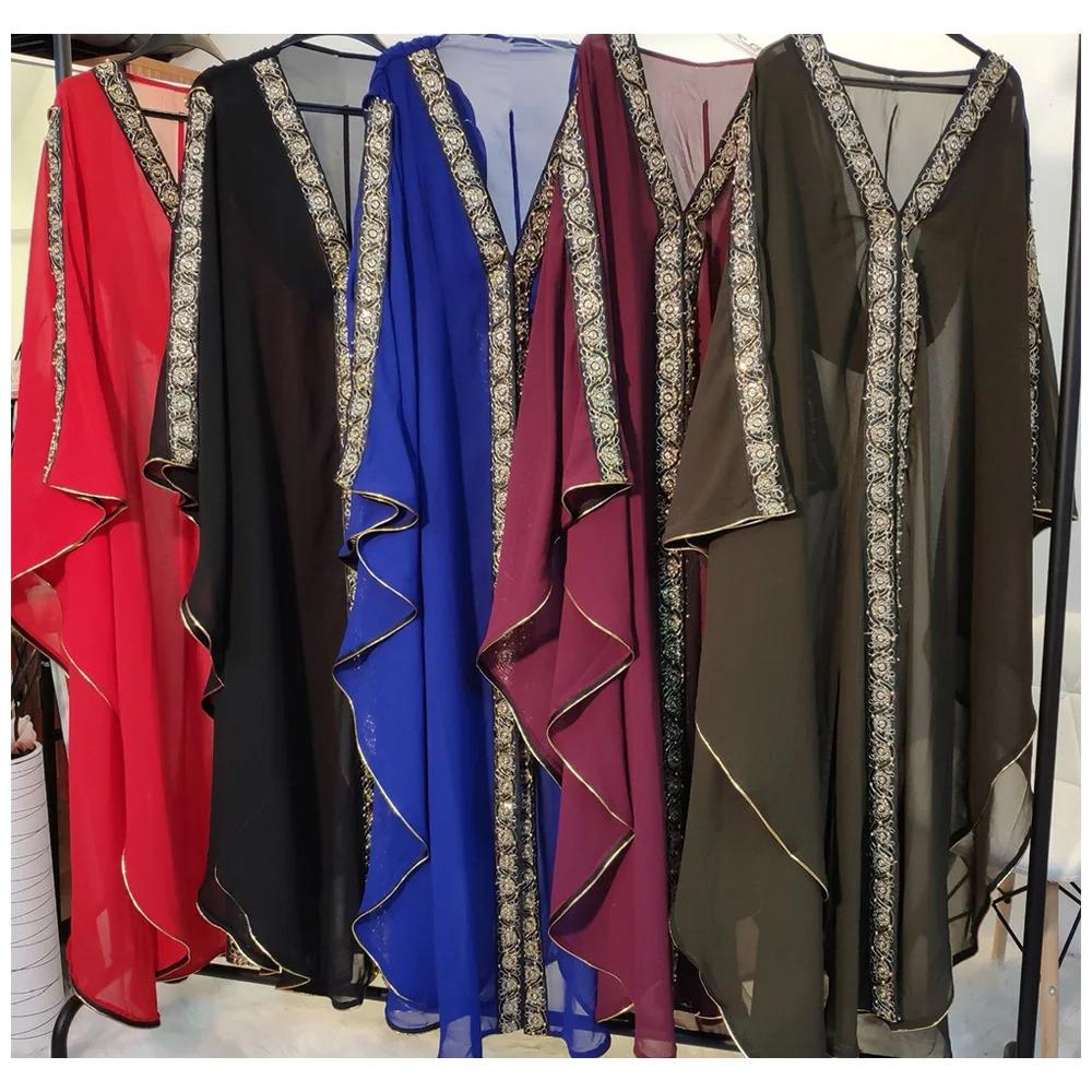 Марокканский Кафтан Дубайский Макси Платье с Капюшоном Рукав Летучая Мышь Кафтан Фараша Мусульманские Женщины Африканское Открытое Кимоно Бубу Вечерние Платья