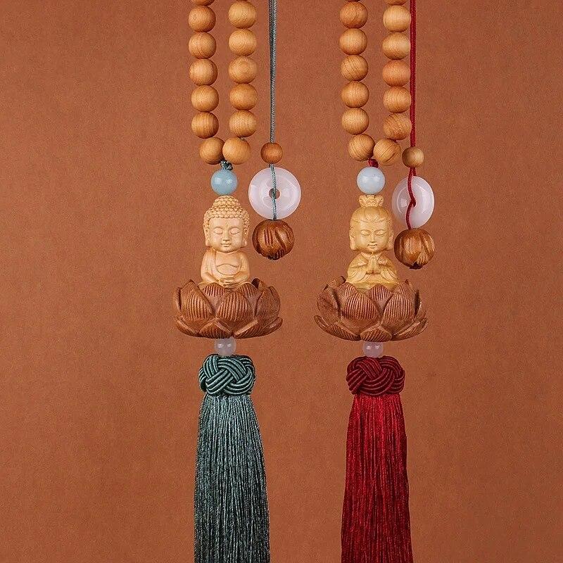 Chinese Style Wooden Carved Lotus Buddha Statue Car Pendant Creative Lucky Fortune Jewelry Decor Xmas Charming Car Accessories