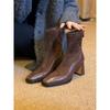 Cowhide Version~ French Leather Elastic Thin Boots Women's Retro Square Head Splicing Socks Boots High-heeled Boots Temperament Short Boots
