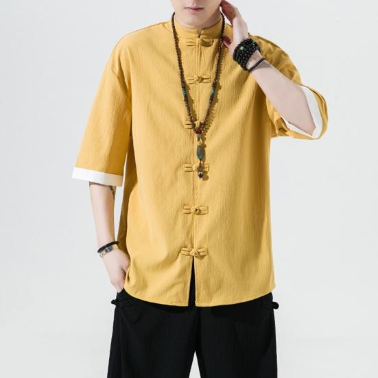 Мужская рубашка в китайском стиле, однотонный ледяной шелк, однобортный однобортный кардиган средней длины с короткими рукавами, топ, костюм Ханфу