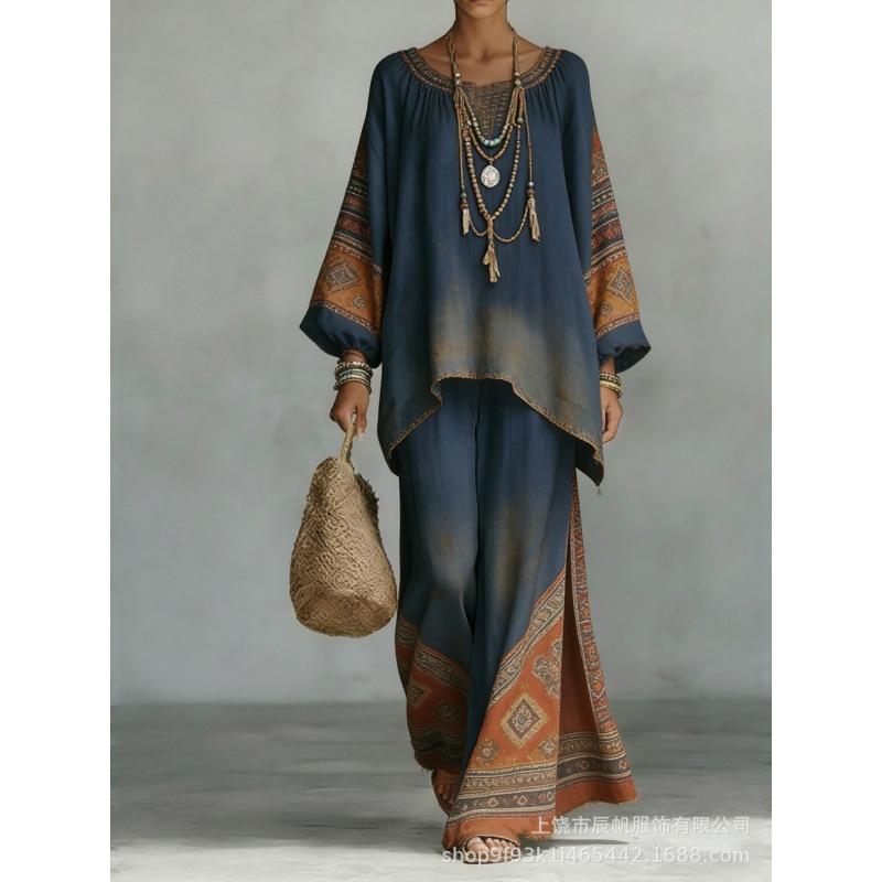 New crew neck bat sleeve printing set Bohemian lazy casual two-piece set