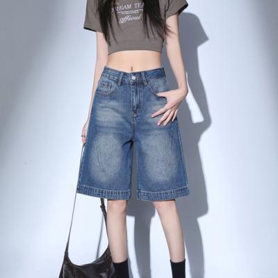 Высокая талия Черные ретро-выстиранные джинсовые шорты женские Harajuku винтажная мода повседневные свободные уличные брюки Y2K средней длины широкие брюки