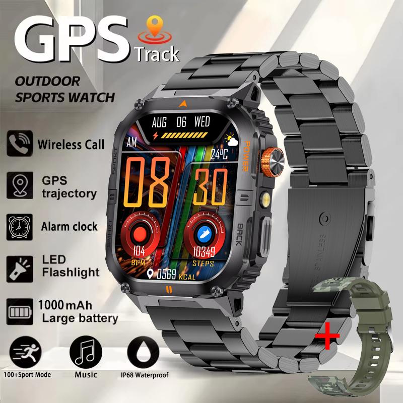 Новые мужские военные умные часы со встроенным GPS, большая батарея 1000 мАч, водонепроницаемость IP68, светодиодный фонарик, HD Bluetooth-звонки