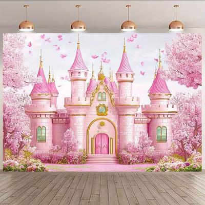 2D Розовый Замок с Цветением Сакуры Фотофон для Детской Вечеринки по Случаю Дня Рождения Студийный Декор Ткань