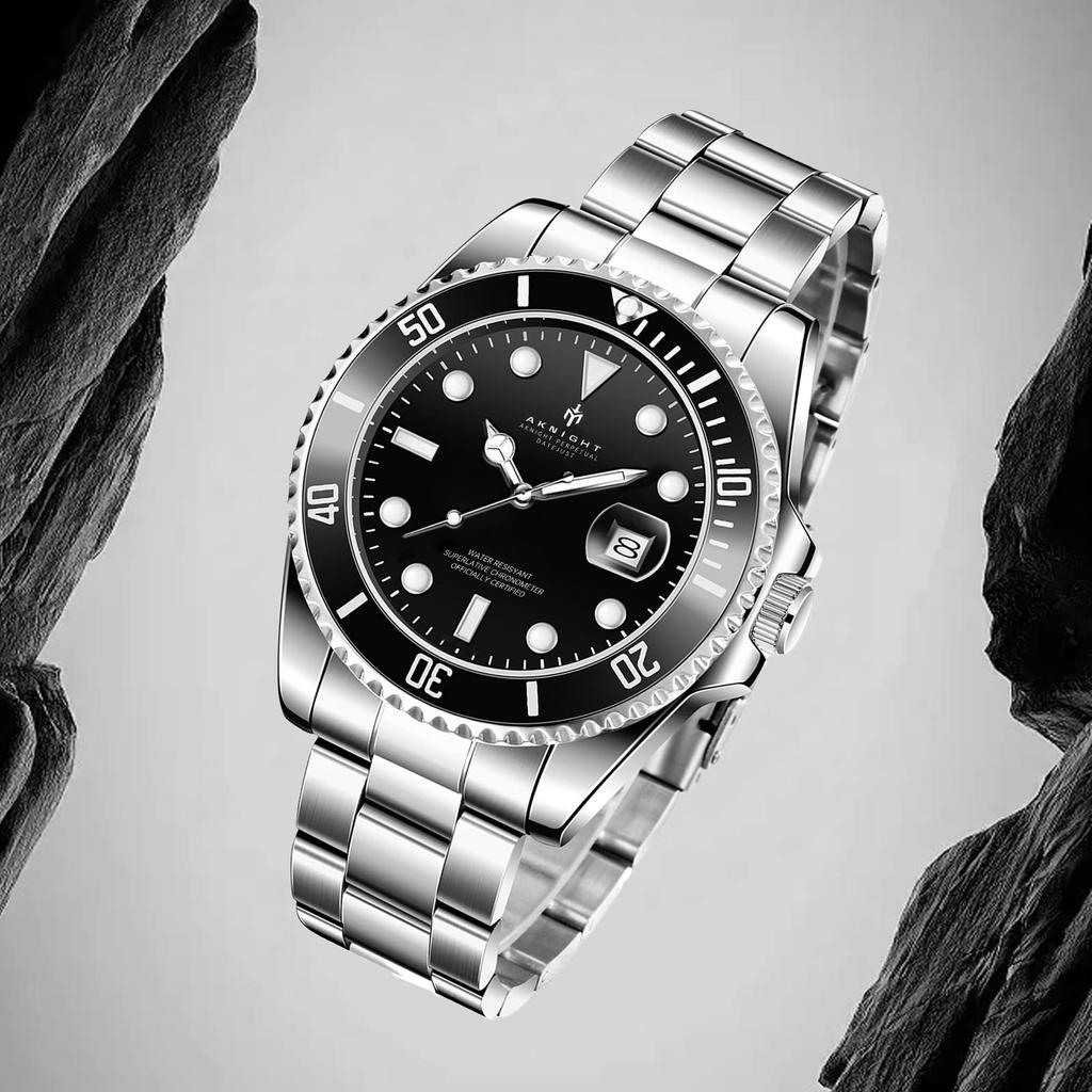 AKNIGHT Analog Stylish Easy To Luminous Arm Stainless Steel Water Resistant To Luminous Japanese Instruction Manual Men's Watch, Anti-reverse Bezel,