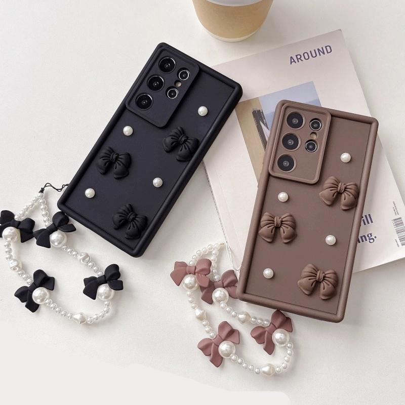 3D Elegant Bowknot Faux Pearl Chain Phone Case For Samsung Galaxy S25 Ultra S21 S22 S23 Plus S24 FE Short Strap Lanyard Cover