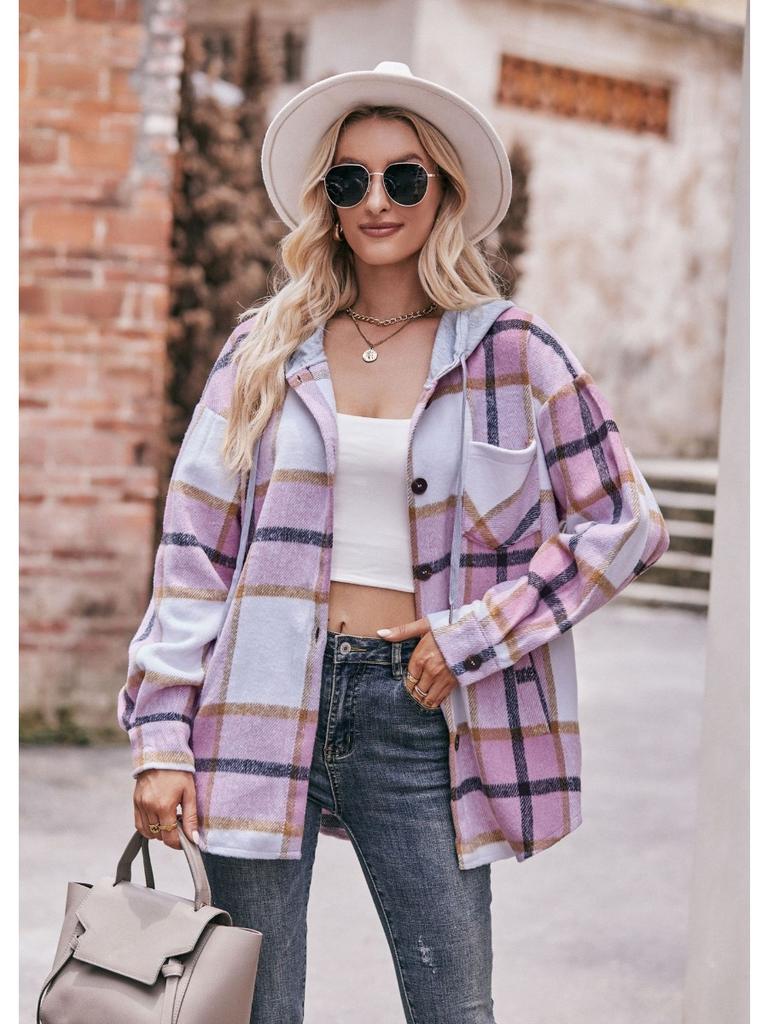 2024 New Autumn and Winter Fashion Simple Casual Hooded Plaid Shirt Loose and Comfortable Commuting Medium Length Women's Coat