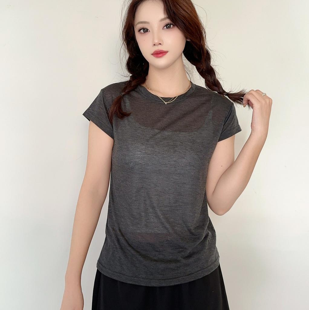 O-Neck Short Sleeve Tshirts Slim Fit Solid Color Summer Thin T-shirt Woman Bottomed Tee Tops All Match