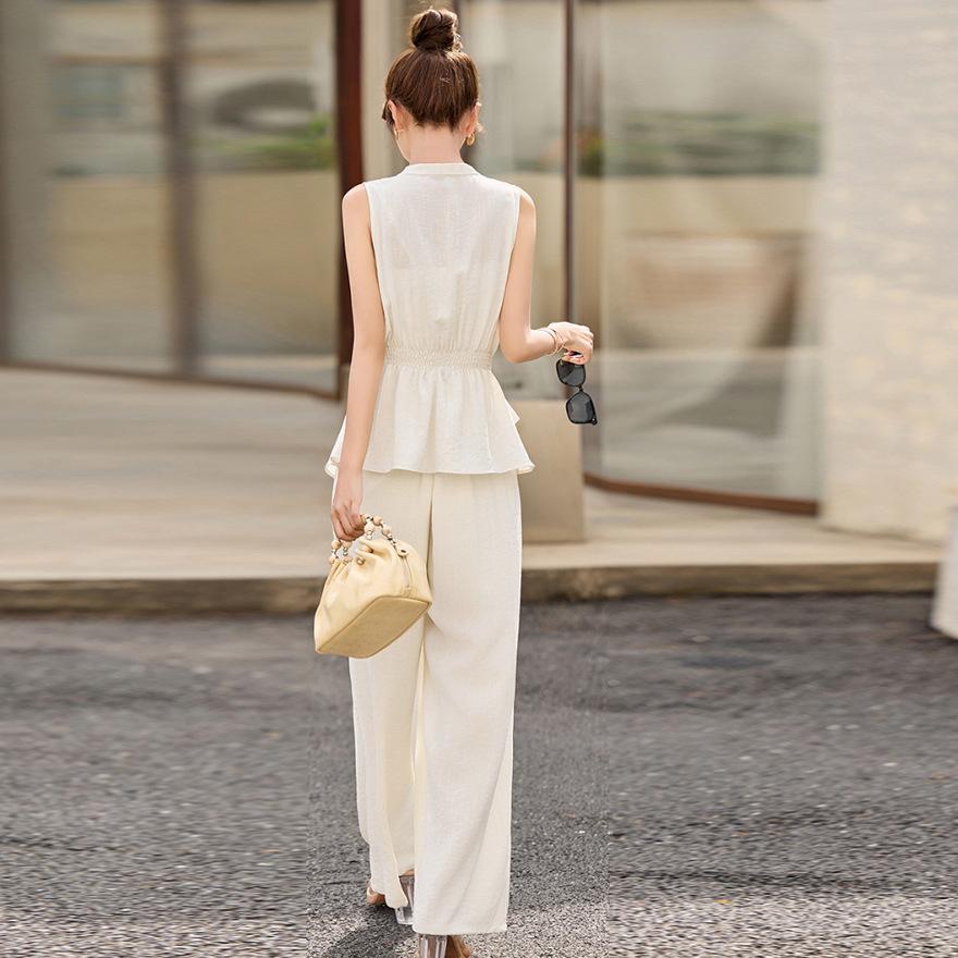 Королевский стиль Фан безрукавный жилет модный костюм женский летний новый уменьшающий возраст лен широкие брюки комплект из двух предметов