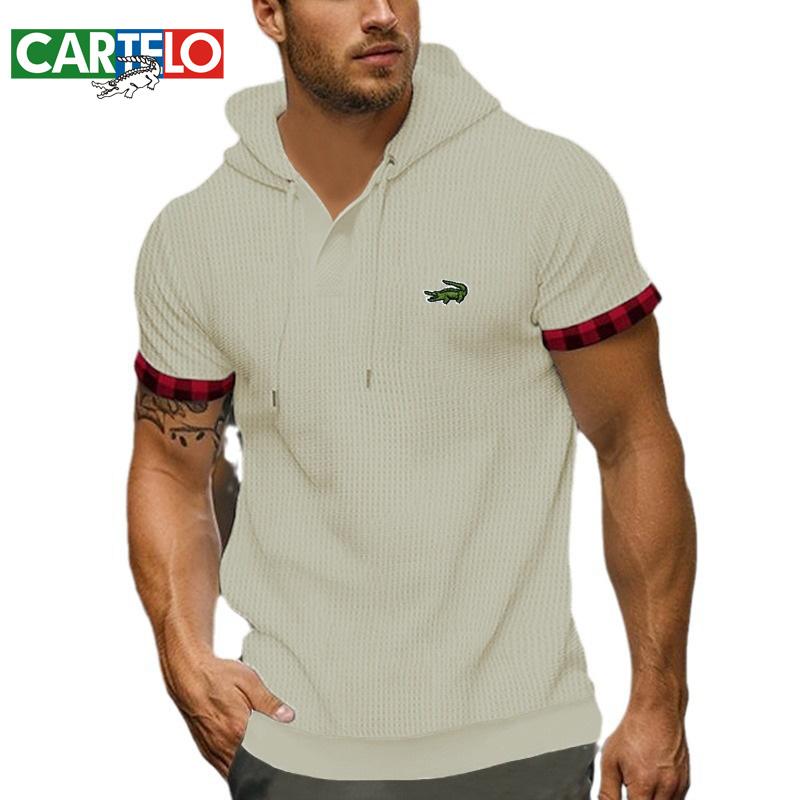 CARTELO Новая летняя повседневная мужская футболка с вышивкой с коротким рукавом, европейский и американский топ, большая вафельная дышащая толстовка с капюшоном