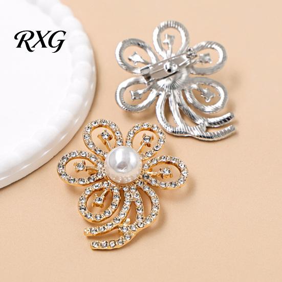 Suit Lapel Brooch Faux Pearl Rhinestone Flower Brooch, Hollow Floral Pin Durable for Wedding Bridal Shower, Women Girls Clothing Jewelry Accessories