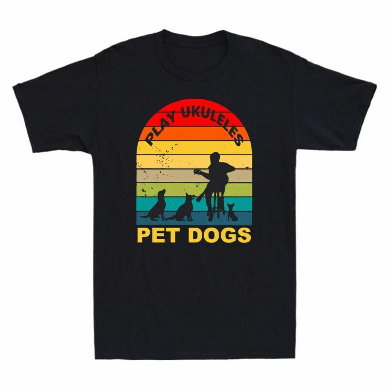 Play Ukuleles And Pet Dogs Funny Vintage Men's T-Shirt Cotton Black Navy Tee Top